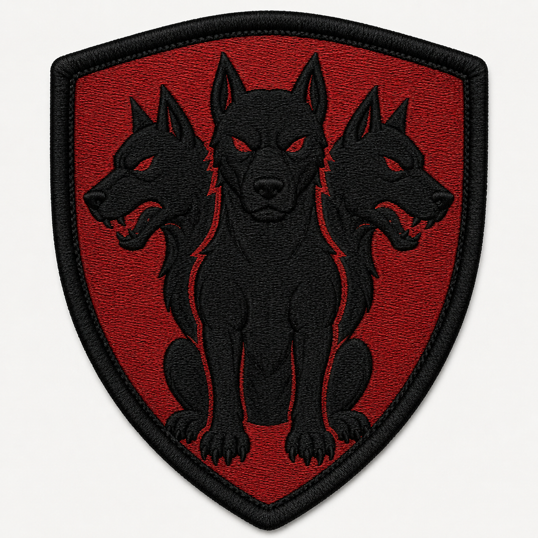 Cerberus Watch embroidery patch featuring a three-headed dog silhouette in flat dark red and black | Hand Finished in Dubai | EmbroMania