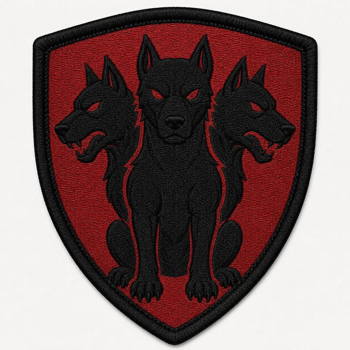 Cerberus Watch embroidery patch featuring a three-headed dog silhouette in flat dark red and black | Hand Finished in Dubai | EmbroMania