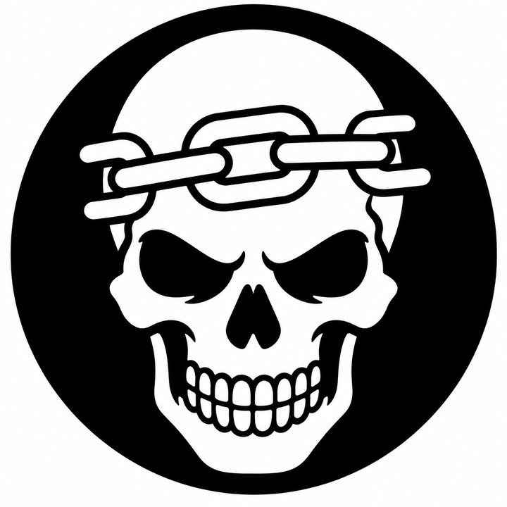 Chainbound Skull embroidery patch featuring a skull with a chain link across the forehead in flat black and grey | Hand Finished in Dubai | EmbroMania