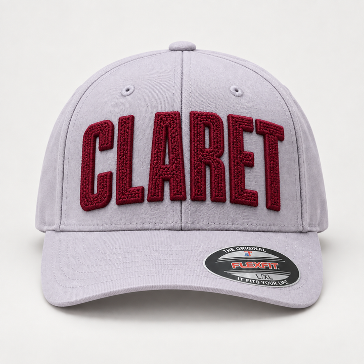 🍷 Claret – ChainPop 3D Puff · Burgundy thread · Light Grey Flexfit | Hand Finished in Dubai | EmbroMania