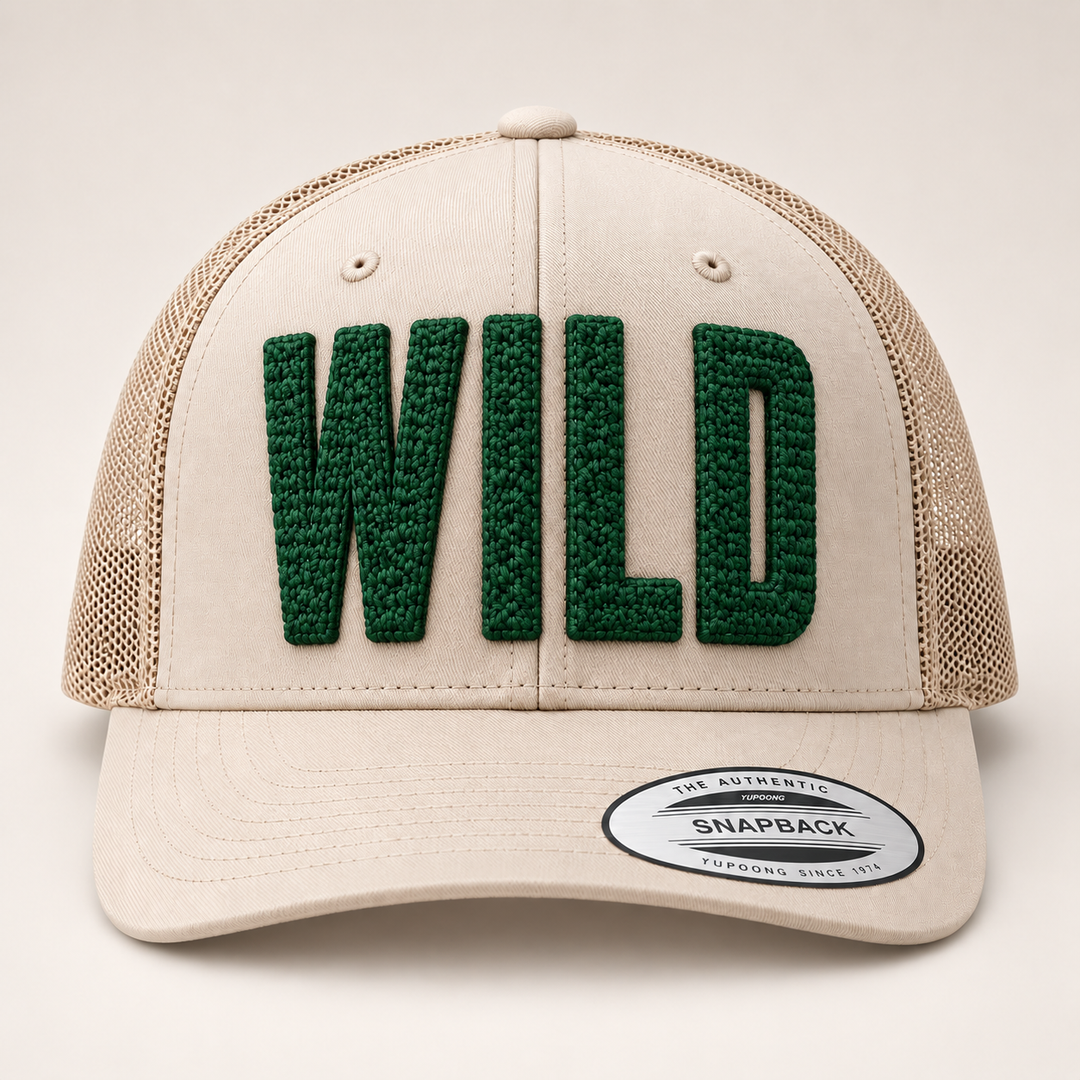 🏜️ Dusk – ChainPop 3D Puff · Forest Green thread · Sand Beige Trucker | Hand Finished in Dubai | EmbroMania