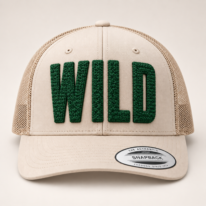 🏜️ Dusk – ChainPop 3D Puff · Forest Green thread · Sand Beige Trucker | Hand Finished in Dubai | EmbroMania