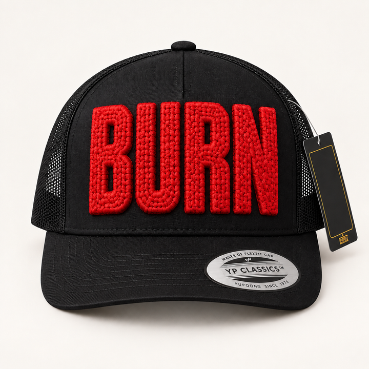 🔥 Ember Cross – ChainPop 3D Puff · Red thread · Black Curved Trucker | Hand Finished in Dubai | EmbroMania