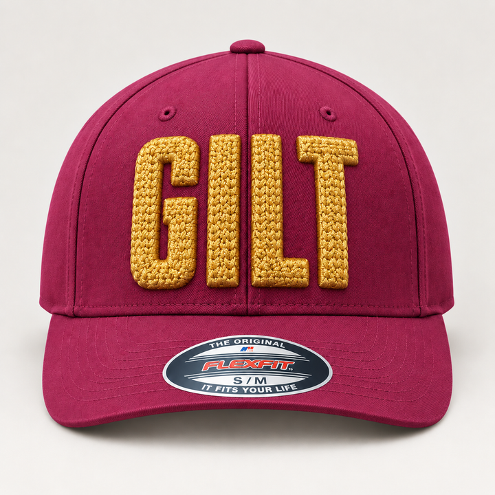 🏆 Gilded – ChainPop 3D Puff · Gold thread · Burgundy Flexfit | Hand Finished in Dubai | EmbroMania