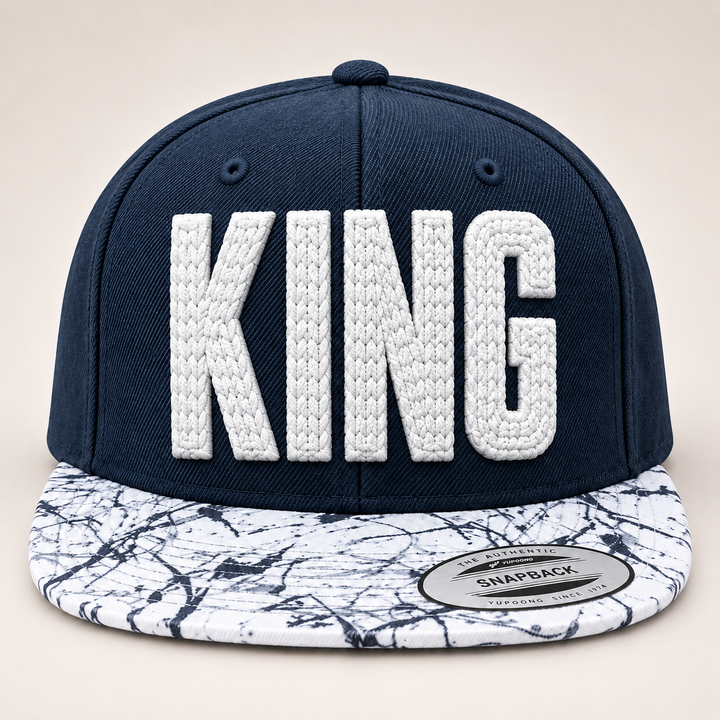 👑 Marble King – ChainPop 3D Puff · White thread · Navy Marble Brim Snapback | Hand Finished in Dubai | EmbroMania
