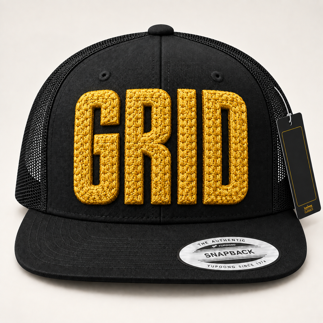 ⛓️ Onyx Grid – ChainPop 3D Puff · Gold thread · Black Flat Trucker | Hand Finished in Dubai | EmbroMania
