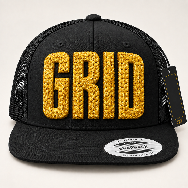 ⛓️ Onyx Grid – ChainPop 3D Puff · Gold thread · Black Flat Trucker | Hand Finished in Dubai | EmbroMania