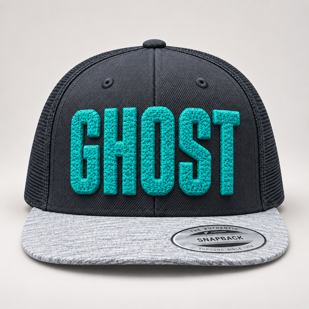 👻 Phantom – ChainPop 3D Puff · Teal thread · Charcoal Heather Snapback | Hand Finished in Dubai | EmbroMania