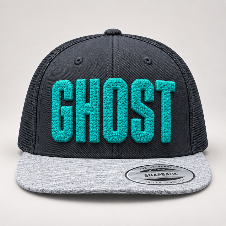 👻 Phantom – ChainPop 3D Puff · Teal thread · Charcoal Heather Snapback | Hand Finished in Dubai | EmbroMania