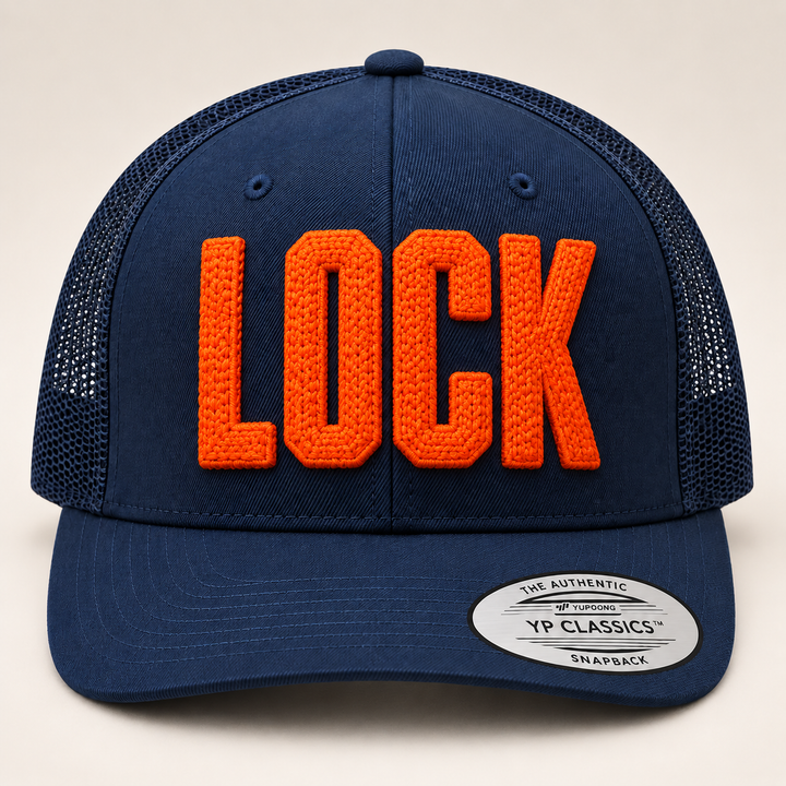 📡 Signal – ChainPop 3D Puff · Orange thread · Dark Navy Trucker | Hand Finished in Dubai | EmbroMania