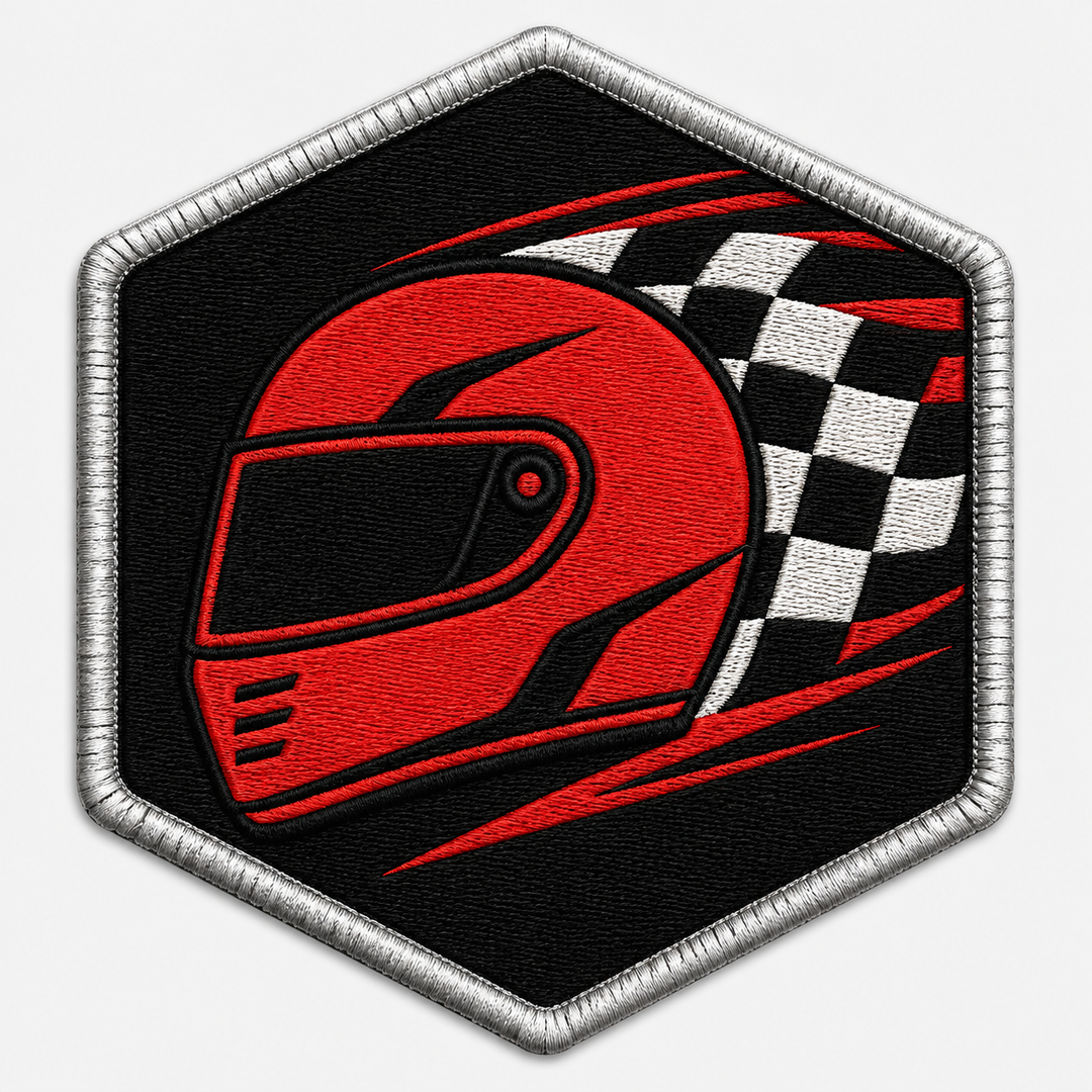 Checkered Velocity embroidery patch featuring a racing helmet silhouette over a checkered flag streak in flat red and black | Hand Finished in Dubai | EmbroMania