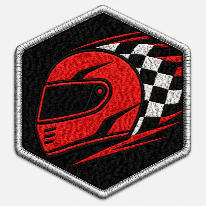 Checkered Velocity embroidery patch featuring a racing helmet silhouette over a checkered flag streak in flat red and black | Hand Finished in Dubai | EmbroMania
