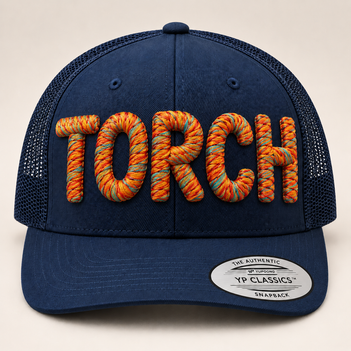 🔥 Blaze – Chunky Rope 3D Puff · Solar Flare thread · Dark Navy Curved Trucker | Hand Finished in Dubai | EmbroMania
