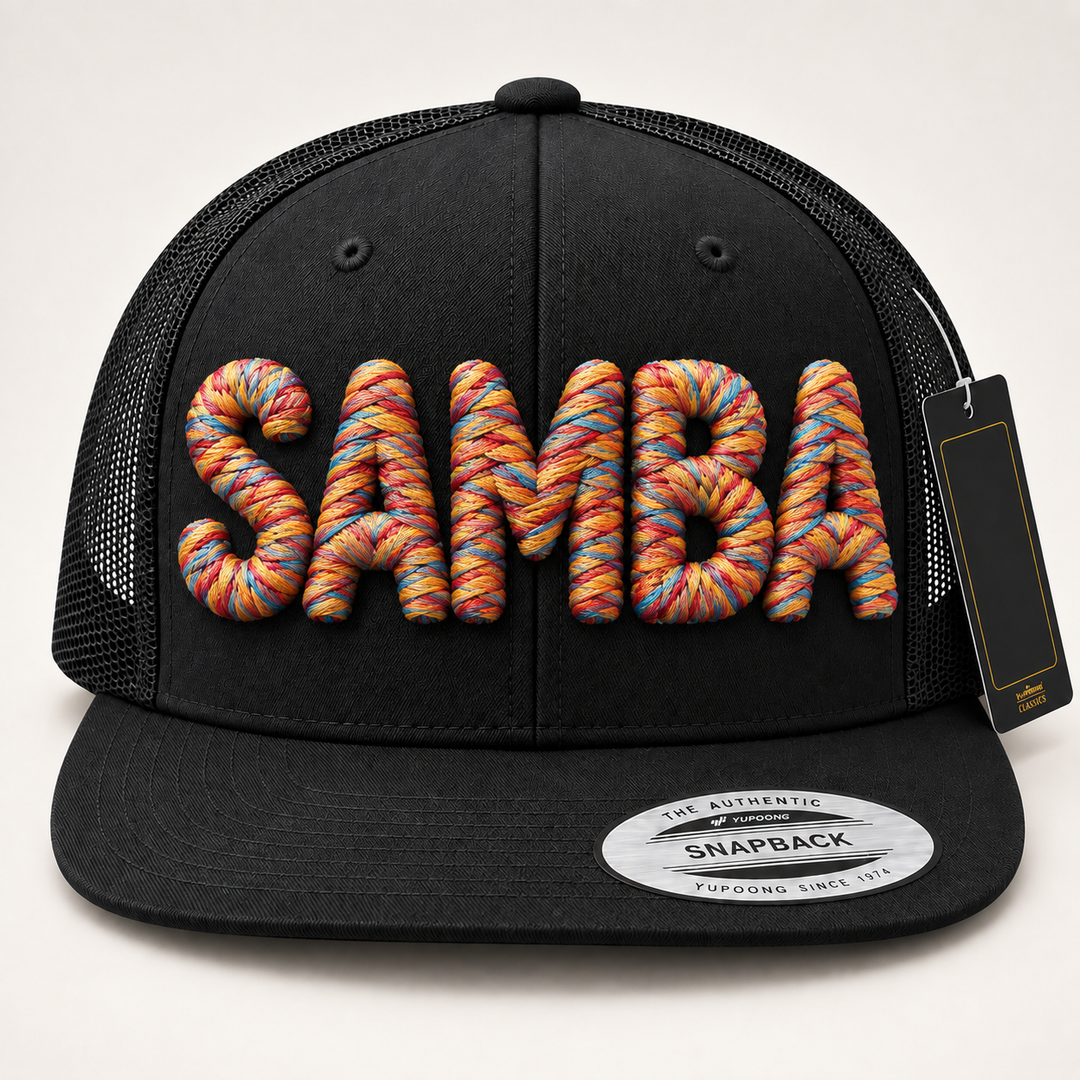 🌈 Carnival – Chunky Rope 3D Puff · Carnival Rush thread · Black Flat Trucker | Hand Finished in Dubai | EmbroMania