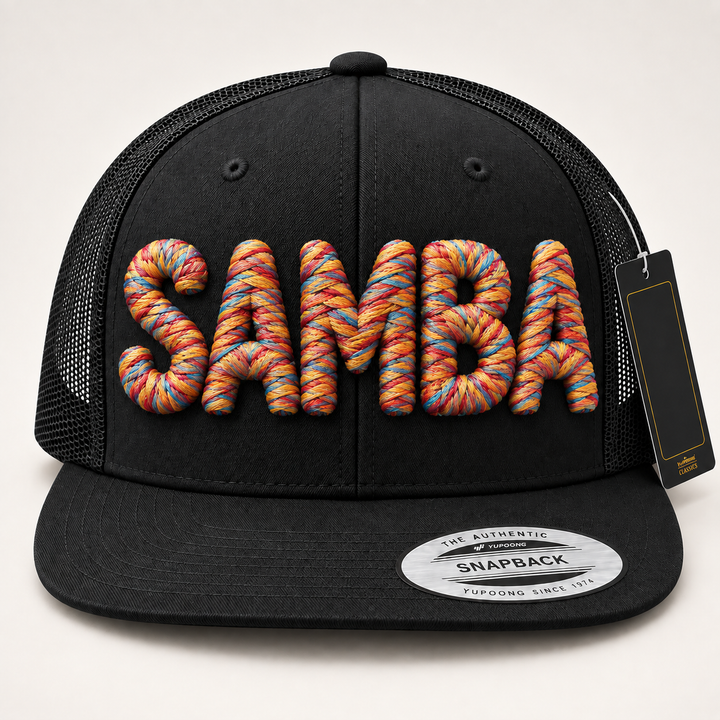 🌈 Carnival – Chunky Rope 3D Puff · Carnival Rush thread · Black Flat Trucker | Hand Finished in Dubai | EmbroMania