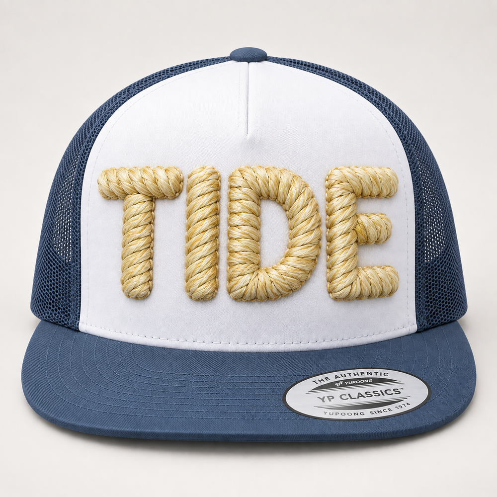 🌊 Drift – Chunky Rope 3D Puff · Ivory Silk thread · Slate Blue Flat Trucker | Hand Finished in Dubai | EmbroMania