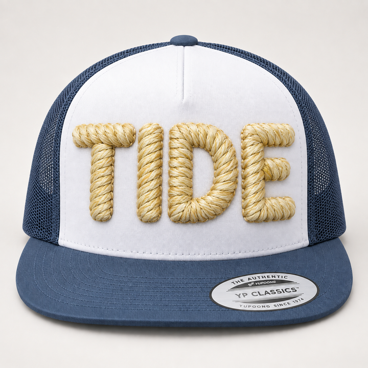 🌊 Drift – Chunky Rope 3D Puff · Ivory Silk thread · Slate Blue Flat Trucker | Hand Finished in Dubai | EmbroMania