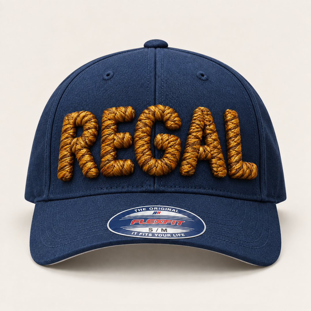 👑 Regent – Chunky Rope 3D Puff · Burnished Gold thread · Navy Flexfit Curved | Hand Finished in Dubai | EmbroMania