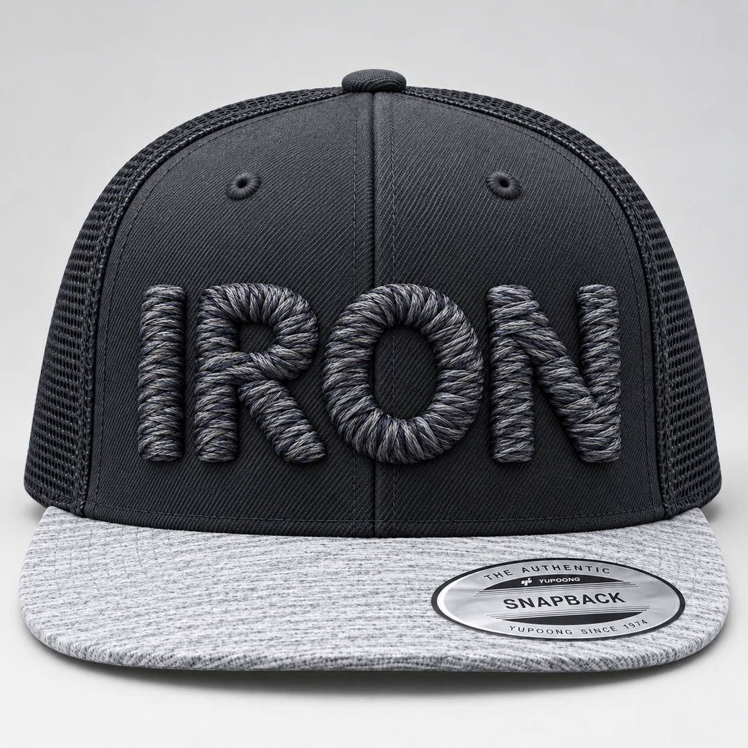 ⚫ Storm – Chunky Rope 3D Puff · Graphite Storm thread · Charcoal Grey Snapback | Hand Finished in Dubai | EmbroMania