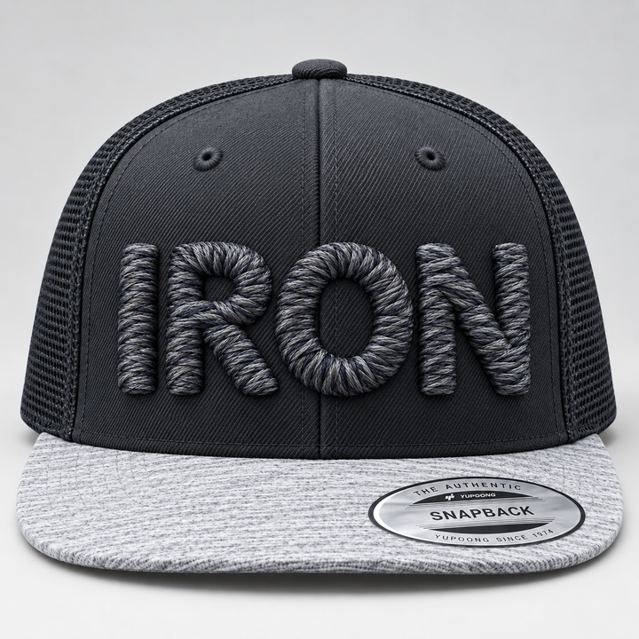 ⚫ Storm – Chunky Rope 3D Puff · Graphite Storm thread · Charcoal Grey Snapback | Hand Finished in Dubai | EmbroMania