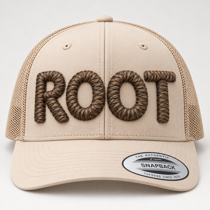 🌿 Terra – Chunky Rope 3D Puff · Earthbound thread · Sand Beige Retro Trucker | Hand Finished in Dubai | EmbroMania