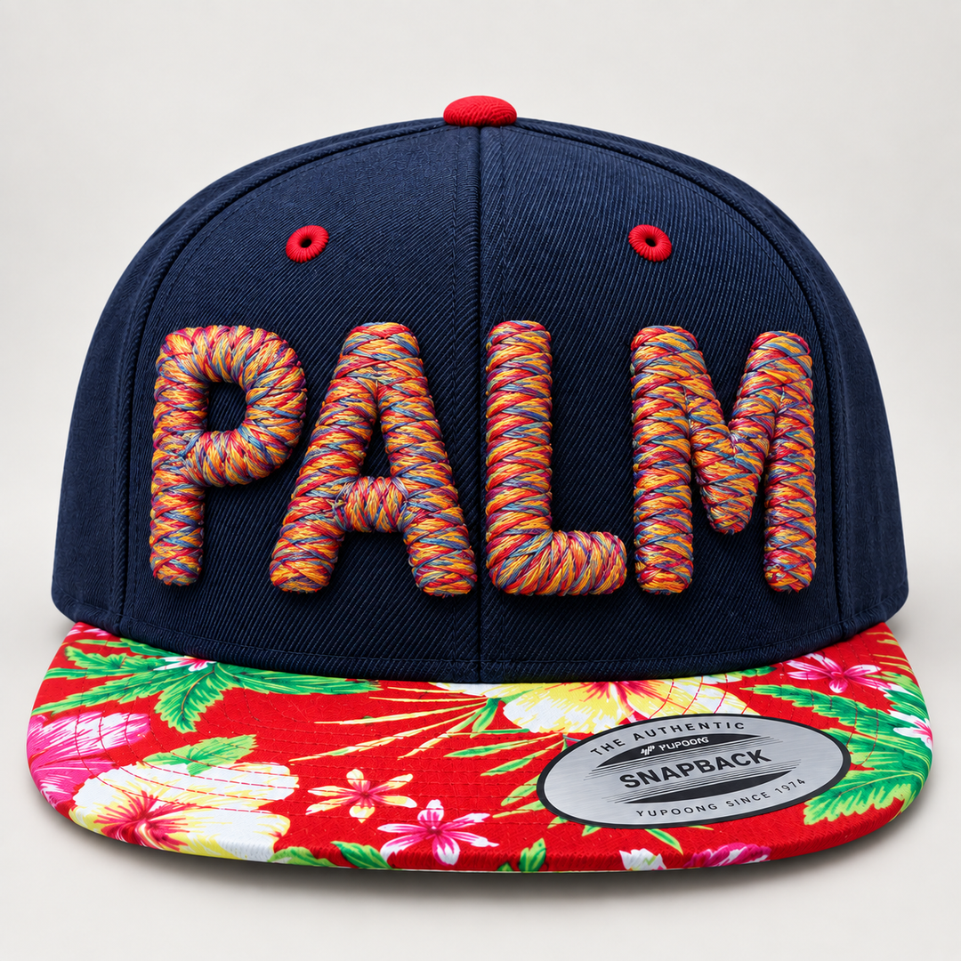 🌺 Tropicana – Chunky Rope 3D Puff · Carnival Rush thread · Navy Crown Floral Brim | Hand Finished in Dubai | EmbroMania