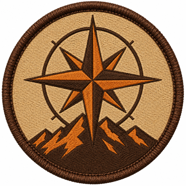 Compass Summit Trail embroidery patch featuring a compass rose over a mountain silhouette in flat brown and orange | Hand Finished in Dubai | EmbroMania