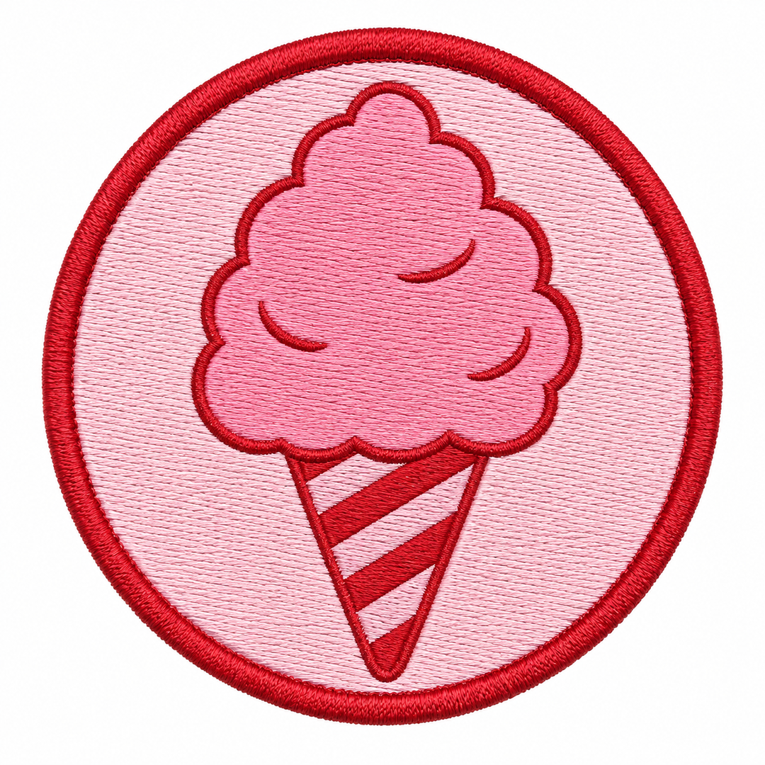 Cotton Candy Cloud embroidery patch featuring a pink cotton candy swirl on a stick on a pink circular patch | Hand Finished in Dubai | EmbroMania