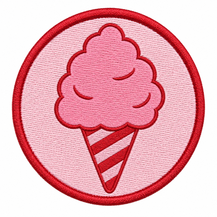 Cotton Candy Cloud embroidery patch featuring a pink cotton candy swirl on a stick on a pink circular patch | Hand Finished in Dubai | EmbroMania