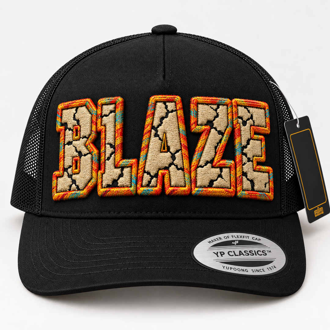 🔥 Desert Ember – Cracked 3D Puff · Beige fill · Solar Flare outline · Black Curved Trucker | Hand Finished in Dubai | EmbroMania