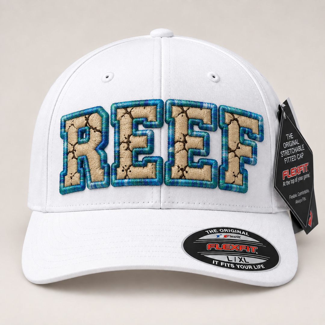 🏖️ Desert Shore – Cracked 3D Puff · Beige fill · Ocean Current outline · White Flexfit | Hand Finished in Dubai | EmbroMania
