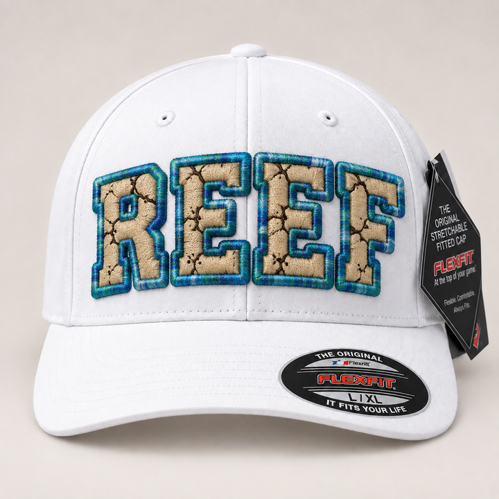 🏖️ Desert Shore – Cracked 3D Puff · Beige fill · Ocean Current outline · White Flexfit | Hand Finished in Dubai | EmbroMania