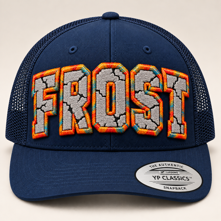 🔥 Ember Frost – Cracked 3D Puff · Light Grey fill · Solar Flare outline · Navy Retro Trucker | Hand Finished in Dubai | EmbroMania