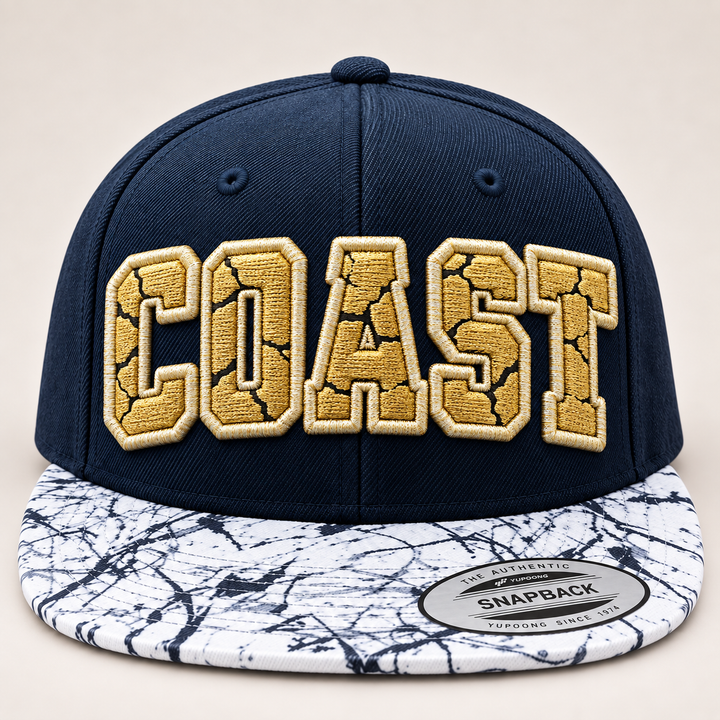 🌊 Gold Coast – Cracked 3D Puff · Gold fill · Ivory Silk outline · Navy Marble Brim Snapback | Hand Finished in Dubai | EmbroMania