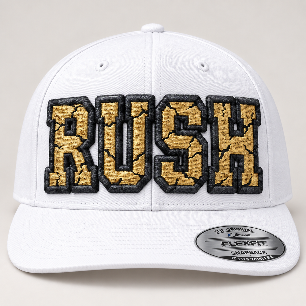 ⚡ Gold Rush – Cracked 3D Puff · Gold fill · Graphite Storm outline · White Snapback | Hand Finished in Dubai | EmbroMania