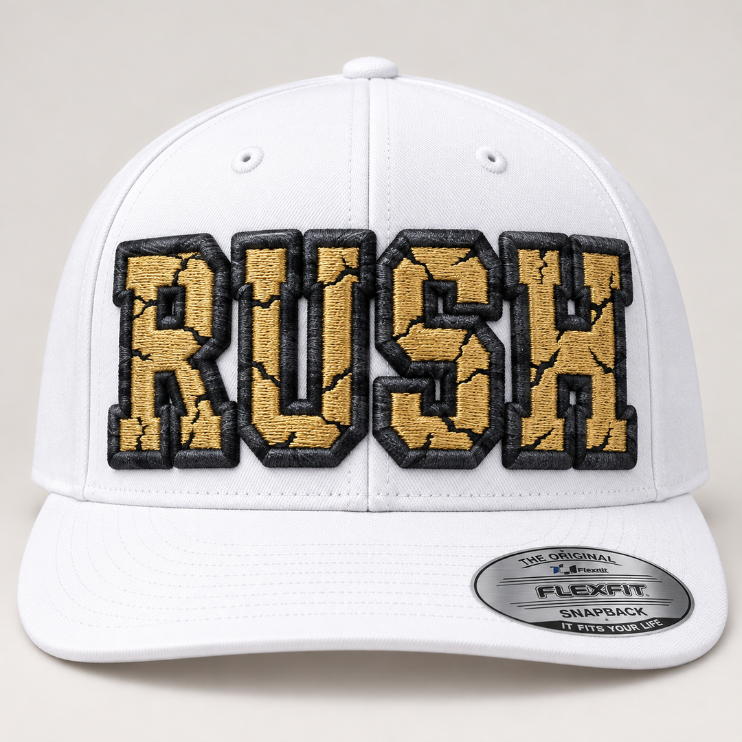 ⚡ Gold Rush – Cracked 3D Puff · Gold fill · Graphite Storm outline · White Snapback | Hand Finished in Dubai | EmbroMania