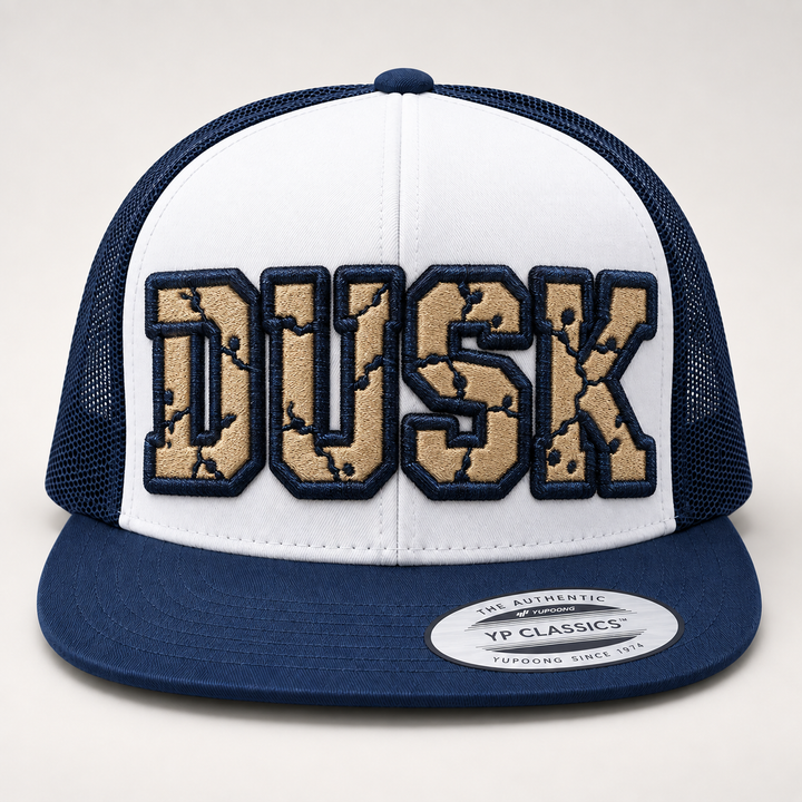 🌑 Midnight Dune – Cracked 3D Puff · Beige fill · Midnight Abyss outline · Navy &amp; White Foam Trucker | Hand Finished in Dubai | EmbroMania