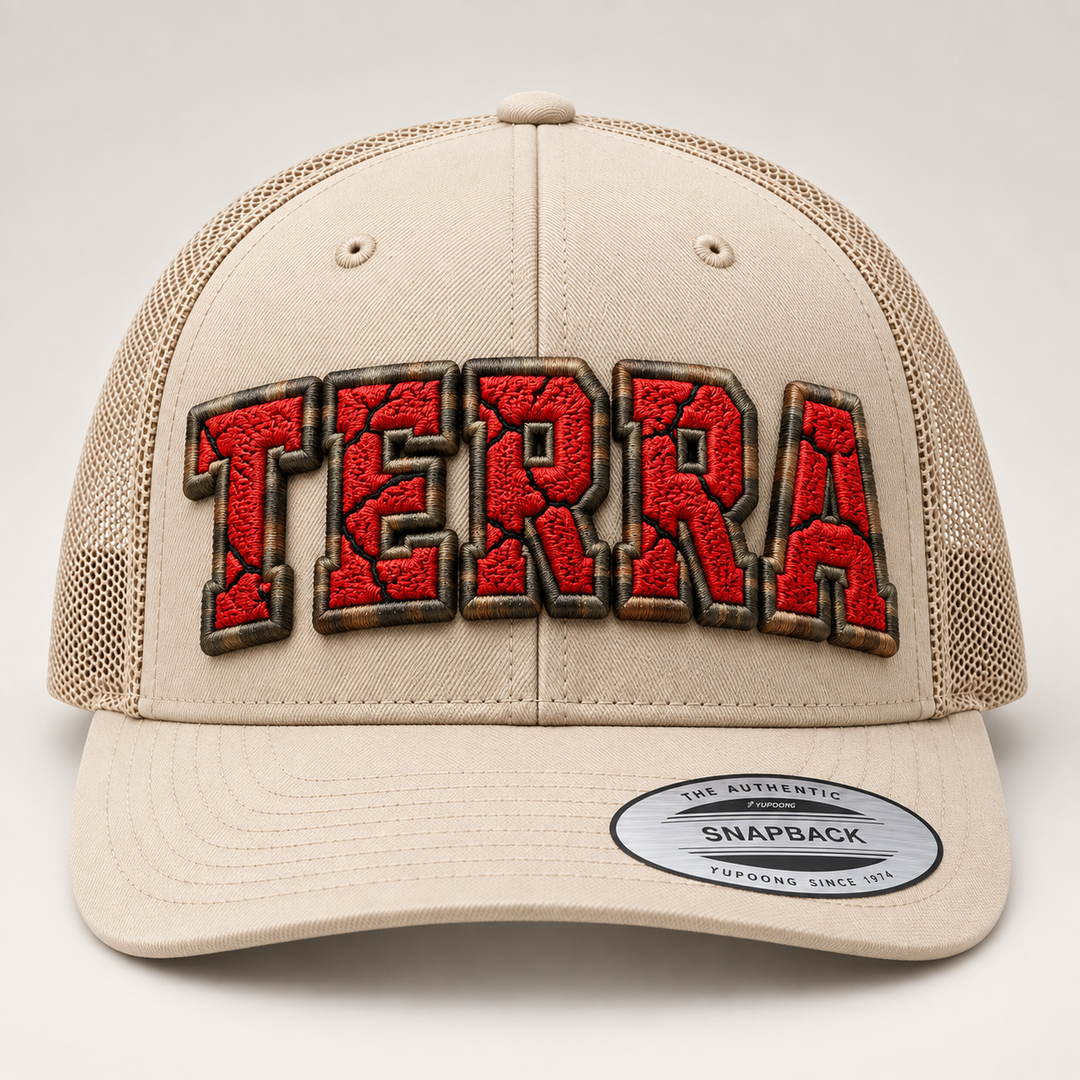 🌋 Red Earth – Cracked 3D Puff · Red fill · Earthbound outline · Beige Retro Trucker | Hand Finished in Dubai | EmbroMania