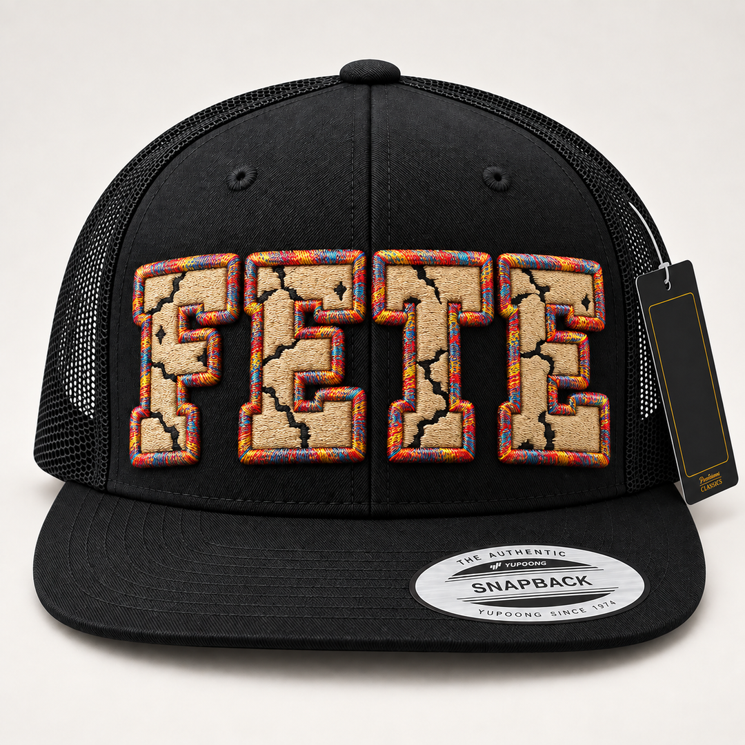 🎪 Sahara Carnival – Cracked 3D Puff · Beige fill · Carnival Rush outline · Black Retro Trucker | Hand Finished in Dubai | EmbroMania