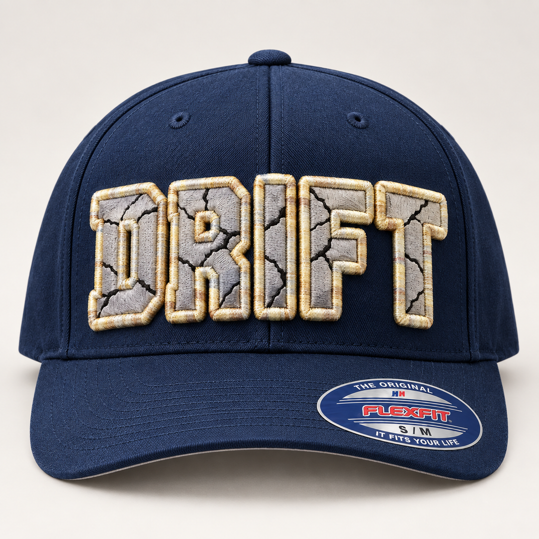 🌊 Silver Drift – Cracked 3D Puff · Light Grey fill · Ivory Silk outline · Navy Flexfit | Hand Finished in Dubai | EmbroMania