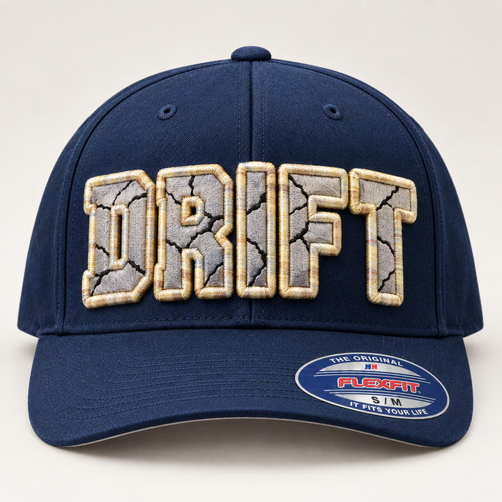 🌊 Silver Drift – Cracked 3D Puff · Light Grey fill · Ivory Silk outline · Navy Flexfit | Hand Finished in Dubai | EmbroMania