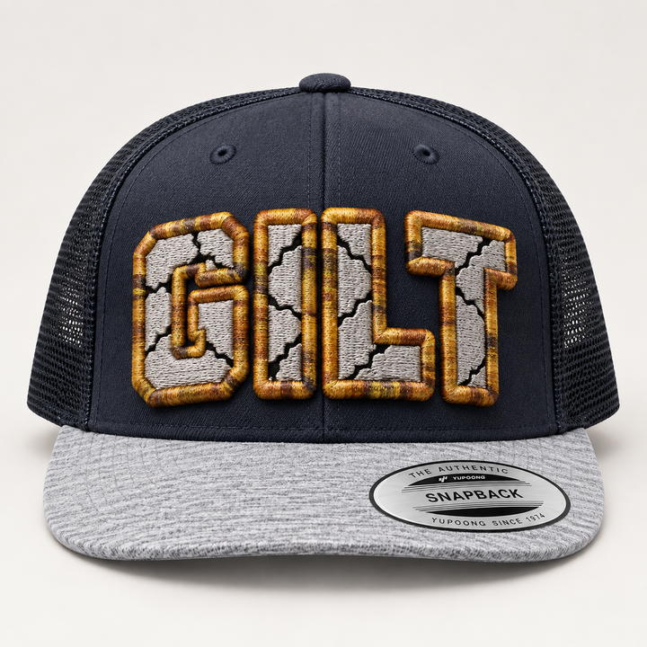 ✨ Slate Gold – Cracked 3D Puff · Light Grey fill · Burnished Gold outline · Charcoal &amp; Heather Grey Snapback Trucker | Hand Finished in Dubai | EmbroMania