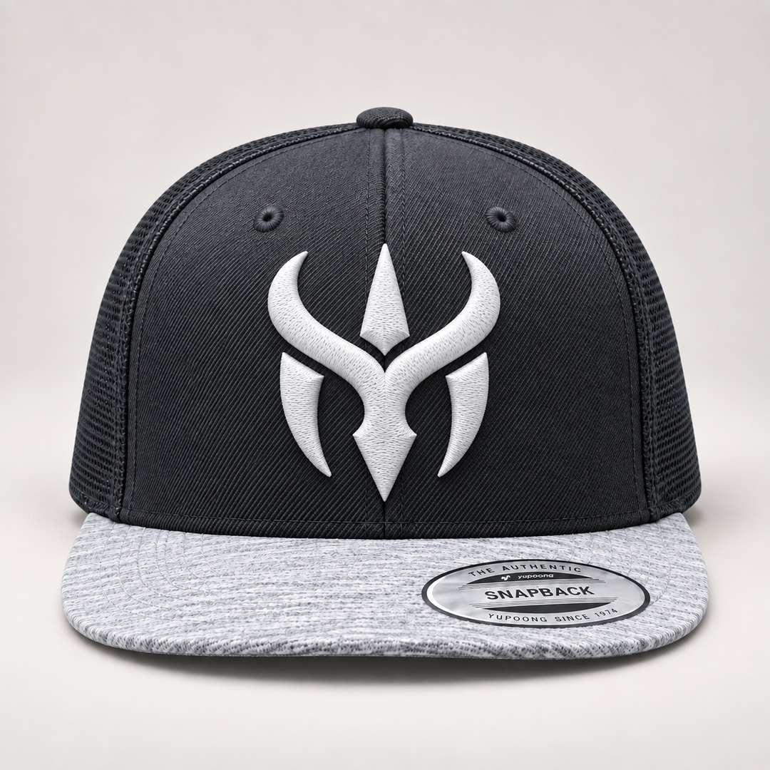 ⚡🌫️ Ash Crest – Crimson Horn Crest · White 3D puff · Charcoal & Heather Grey Snapback | Hand Finished in Dubai | EmbroMania