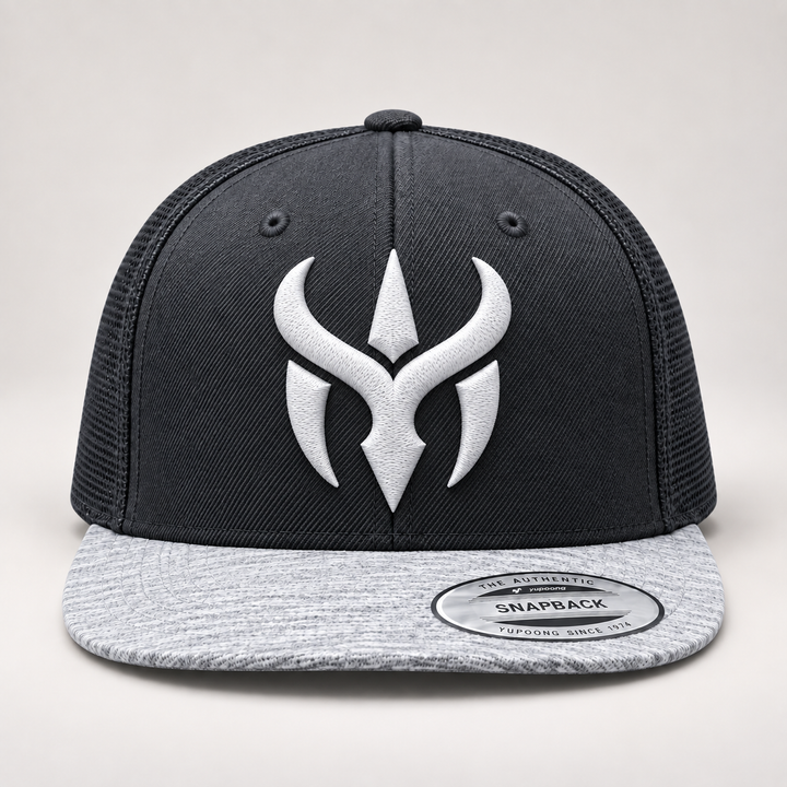 ⚡🌫️ Ash Crest – Crimson Horn Crest · White 3D puff · Charcoal &amp; Heather Grey Snapback | Hand Finished in Dubai | EmbroMania