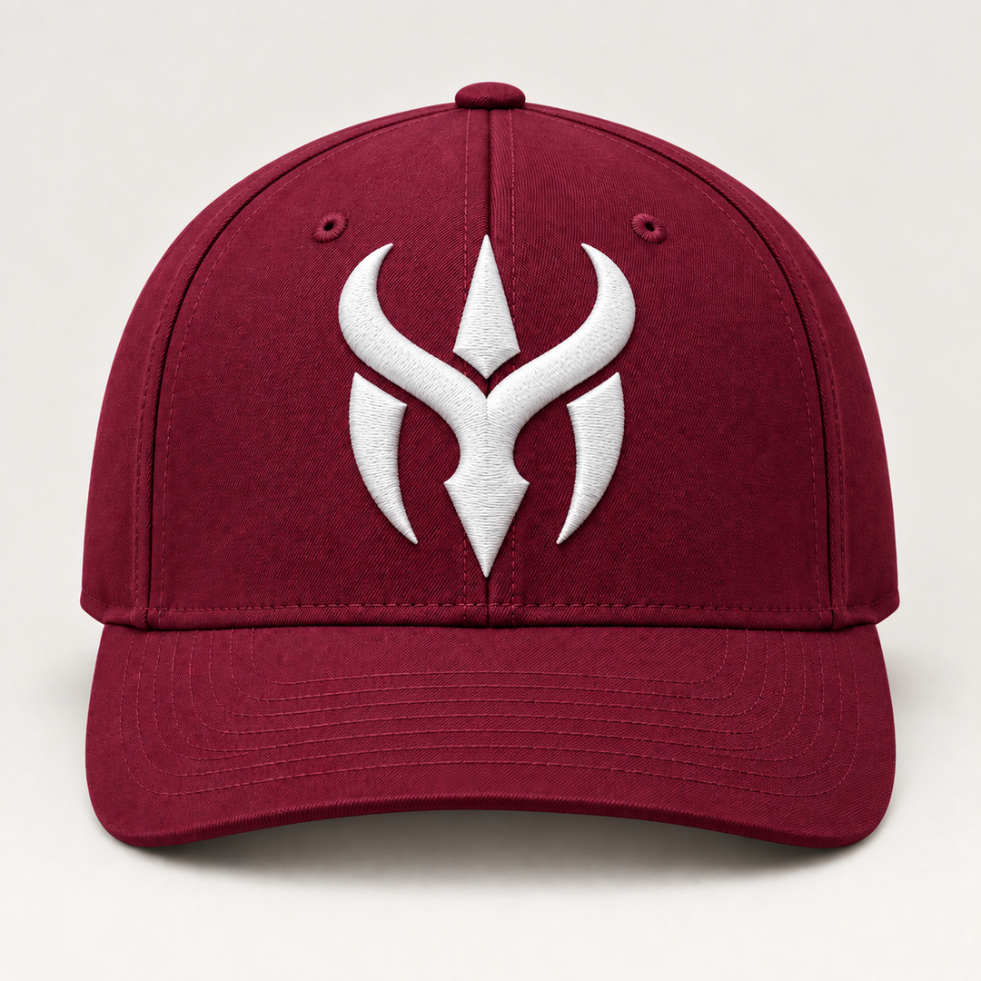 🍷⚡ Crimson Reign – Crimson Horn Crest · White 3D puff · Burgundy Flexfit Curved | Hand Finished in Dubai | EmbroMania
