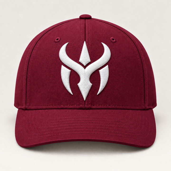 🍷⚡ Crimson Reign – Crimson Horn Crest · White 3D puff · Burgundy Flexfit Curved | Hand Finished in Dubai | EmbroMania