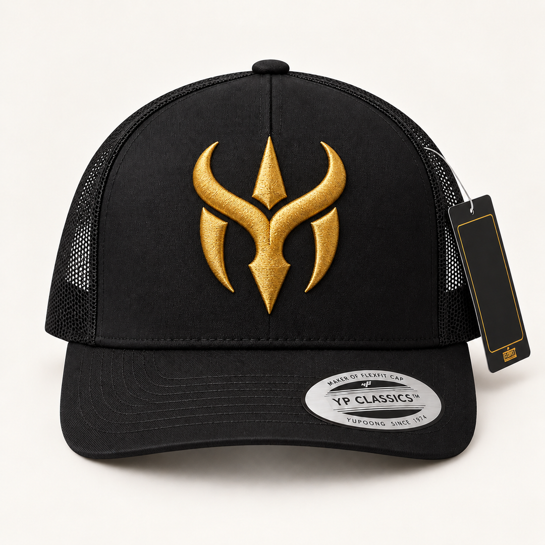 ✨🖤 Dark Sovereign – Crimson Horn Crest · Gold 3D puff · Black Curved Trucker | Hand Finished in Dubai | EmbroMania