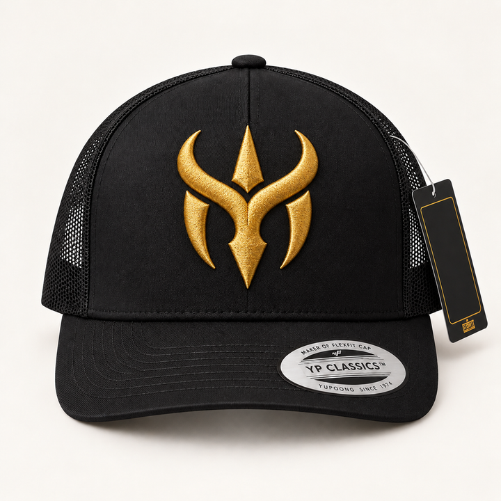 ✨🖤 Dark Sovereign – Crimson Horn Crest · Gold 3D puff · Black Curved Trucker | Hand Finished in Dubai | EmbroMania
