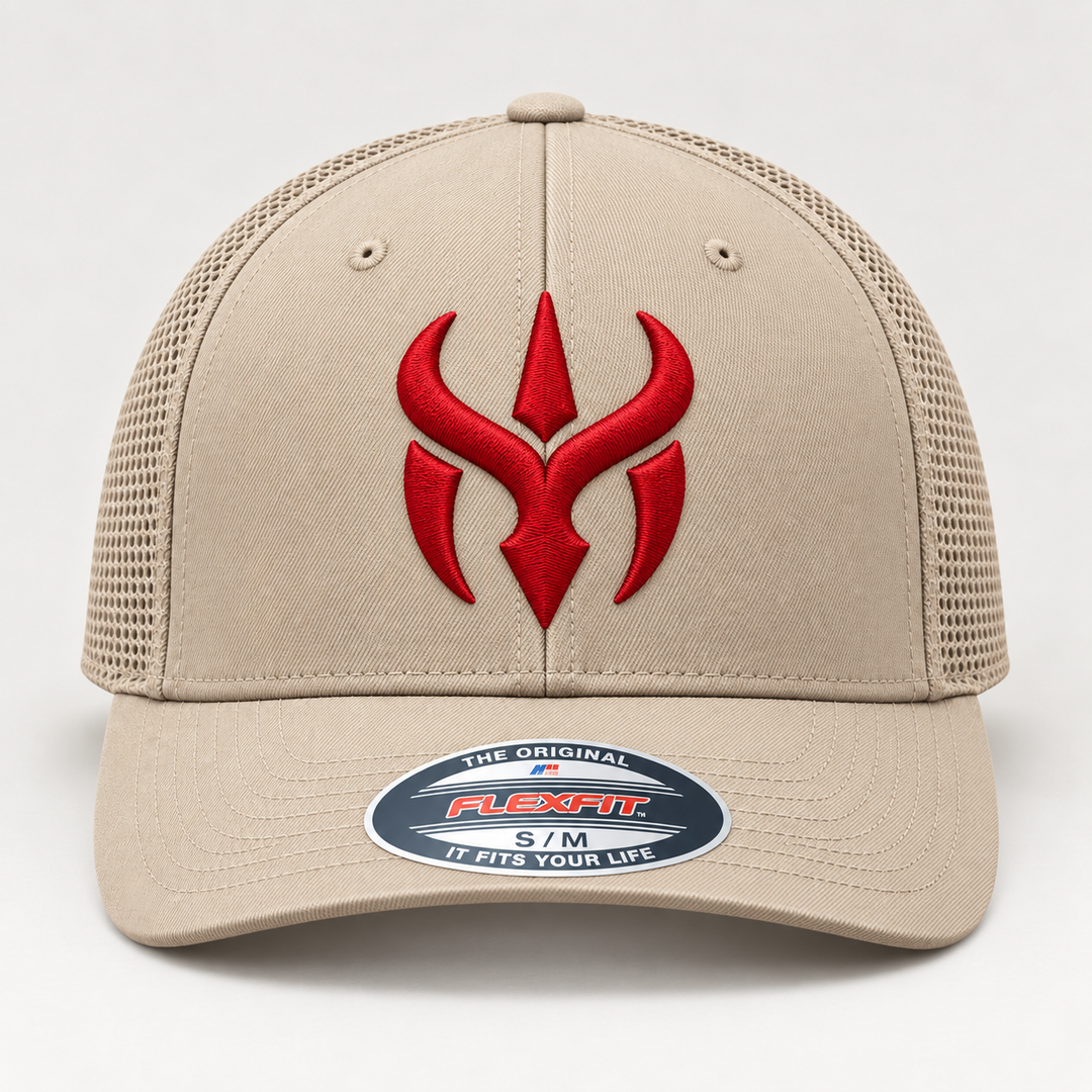 🏜️🔴 Desert Horn – Crimson Horn Crest · Red 3D puff · Sand Beige Retro Trucker | Hand Finished in Dubai | EmbroMania