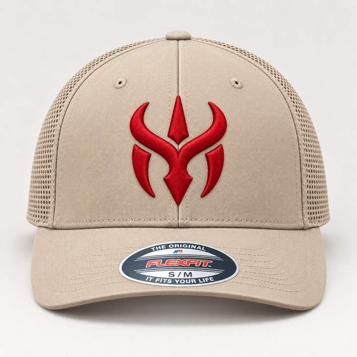 🏜️🔴 Desert Horn – Crimson Horn Crest · Red 3D puff · Sand Beige Retro Trucker | Hand Finished in Dubai | EmbroMania